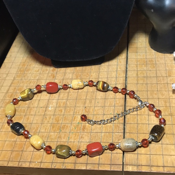 EVC Bohemian Jasper Stone 22”L Necklace Earthy Fall Colors Silver Tone Accents - Picture 3 of 8